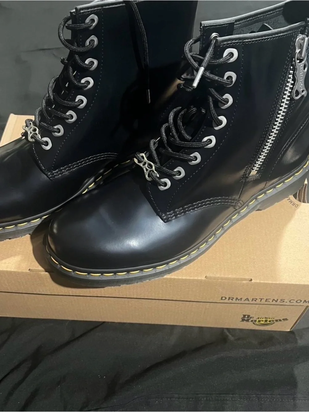 Dr. Martens Black Leather Lace-Up Side-Zip Combat Boots with Yellow Stitch